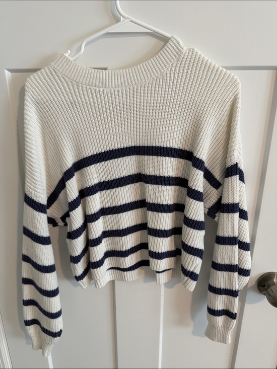 Hollister Sweaters - Hollister Cream and Navy Striped Crewneck Sweater